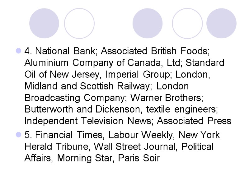 4. National Bank; Associated British Foods; Aluminium Company of Canada, Ltd; Standard Oil of